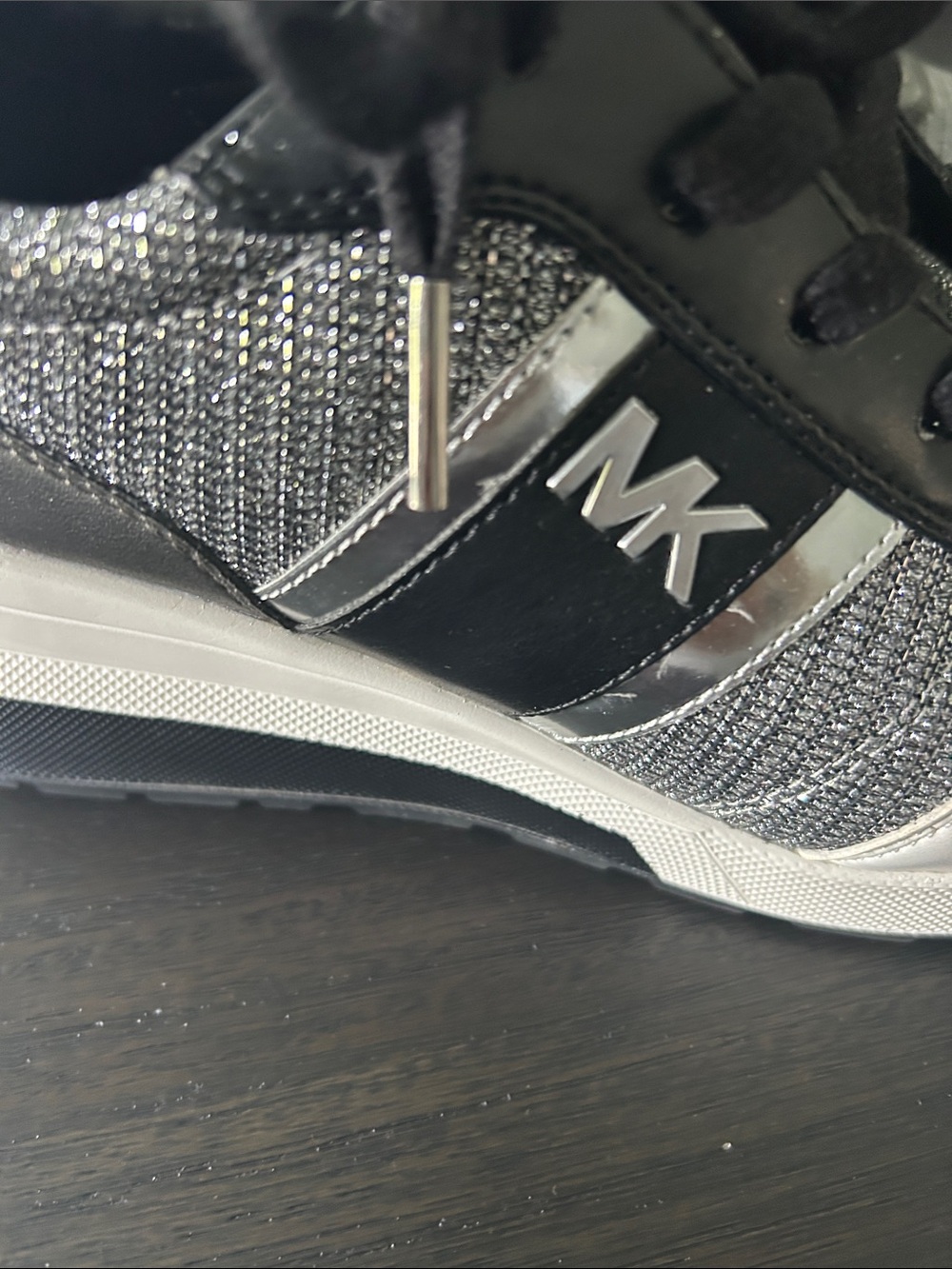 Michael Kors Womens Black & Silver Knit Lace-Up Sneakers with White Trim - Picture 4 of 7